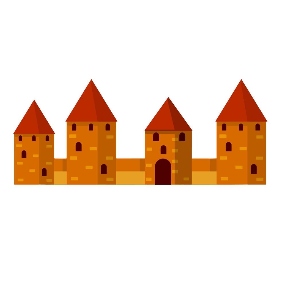 Medieval fortress with towers and walls. Trakai castle. Lithuanian tourist attraction. Old European city. Historical building of knight. Red house. Flat cartoon vector