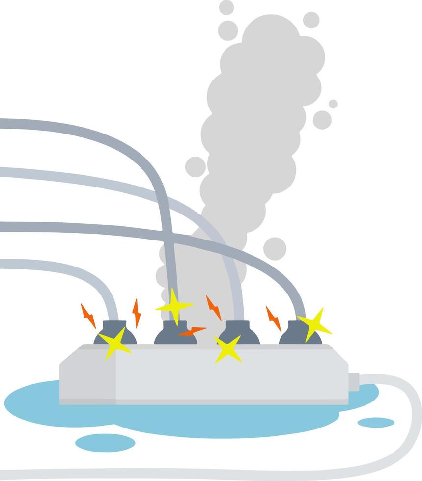 Wet cables and connectors. The problem with electricity. Water puddle and fire safety. Home appliance. Yellow and red sparks of lightning. Dangerous socket. Cartoon flat illustration vector