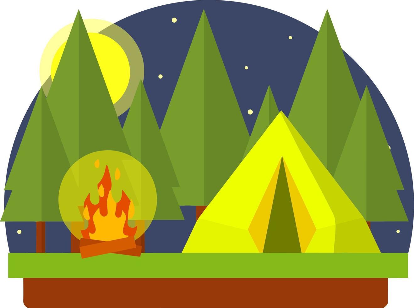 Yellow tent in the woods. Trip to nature. Outdoor activity. Camp and hike. Trees and night with moon. campfire and rest in forest. vector