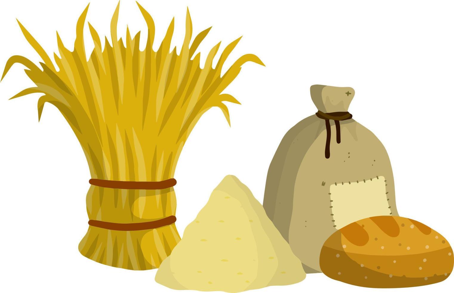 Sheaf of hay. Countryside is a Stack of wheat ears. Village harvest. Production of natural food on farm. Burlap bag of flour. Production cycle of Rustic bread. vector