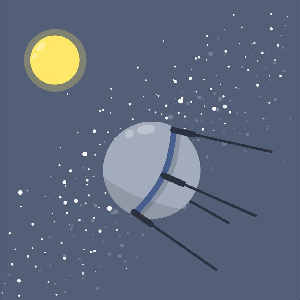 satélite en espacio orbital el tierra. Soviético sputnik mosca alrededor planeta. exploración de universo y galaxia. primero vuelo dentro espacio. moderno tecnología. dibujos animados plano ilustración vector