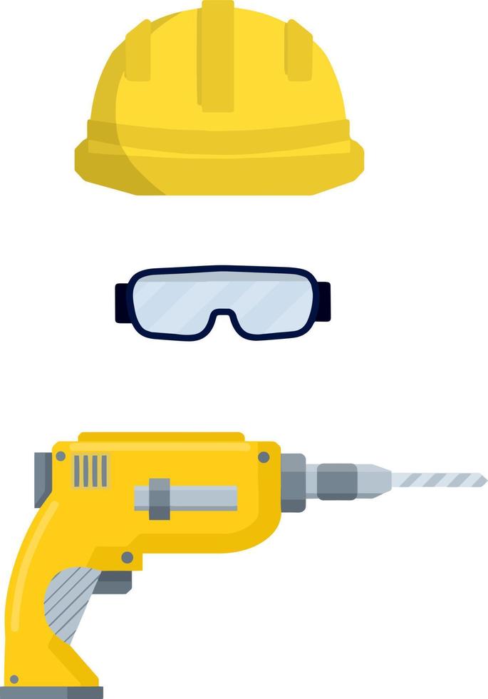 Clothing and tools the worker and the Builder. Yellow uniform, gloves, drill, goggles and helmet. industrial safety. Kit items and objects. Type of profession. Cartoon flat illustration vector