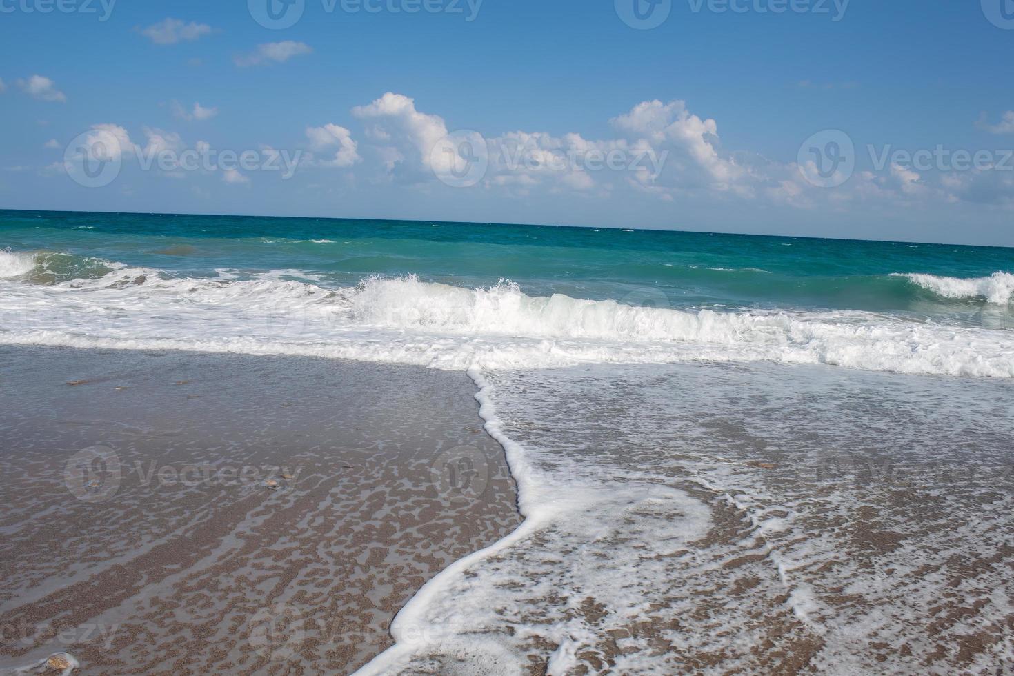 waves sand and sea. Nature landscape view of beautiful tropical beach and sea in sunny day. Beach sea space area photo