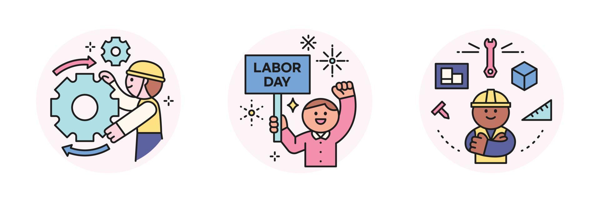 labor día. personas quien son laboral. un linda personaje torneado un grande engranaje y exigente de los trabajadores derechos. trabajadores pensando acerca de trabajo herramientas. vector