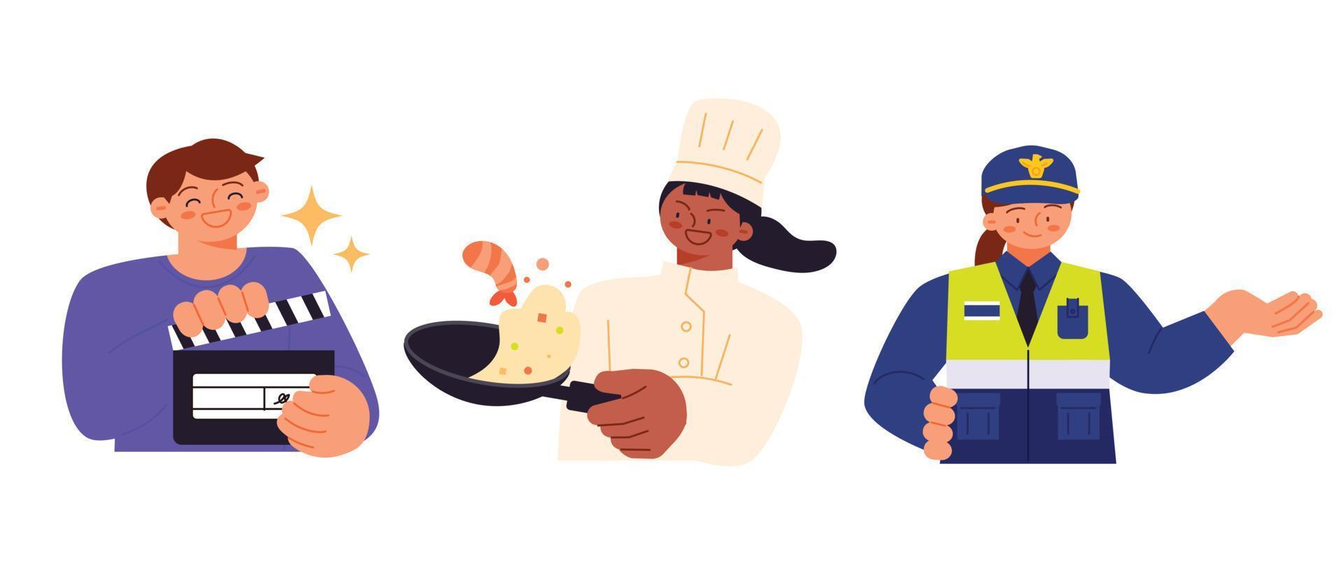 Labor Day. people who are working. A character in a uniform. Film staff, cooks, cops. vector