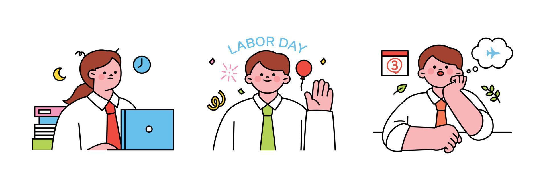 labor día. personas quien son laboral. cansado oficina trabajador trabajando con el tiempo, negocio hombre planificación vacaciones. vector