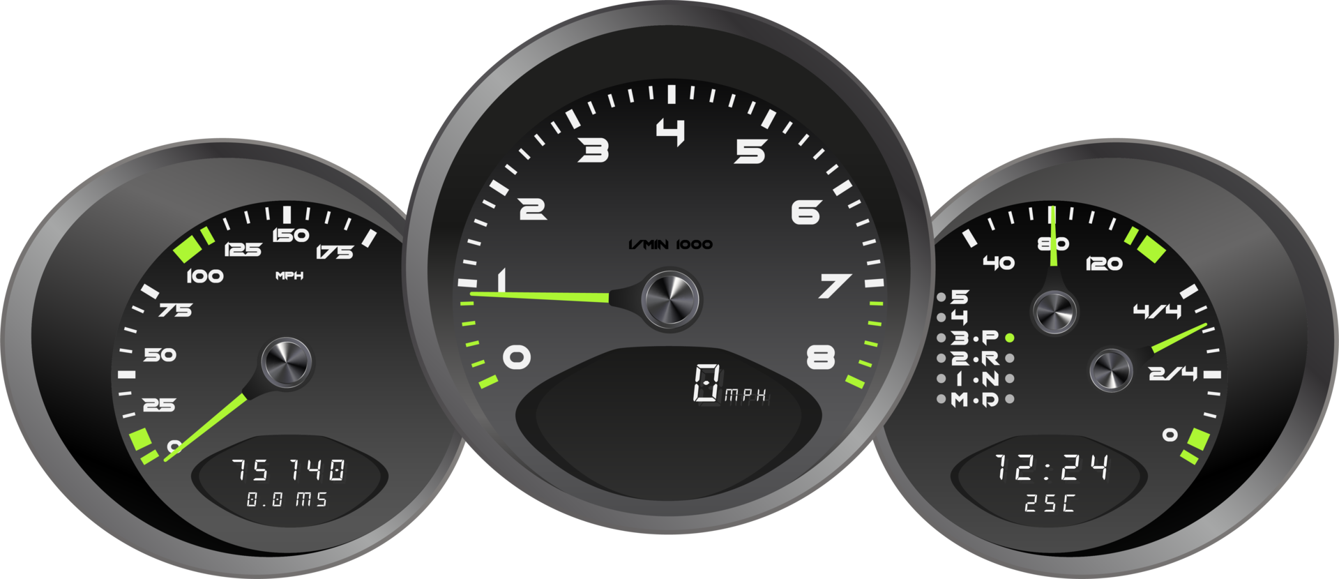 illustration, dashboard car speedometer, steering wheel realistic 3d