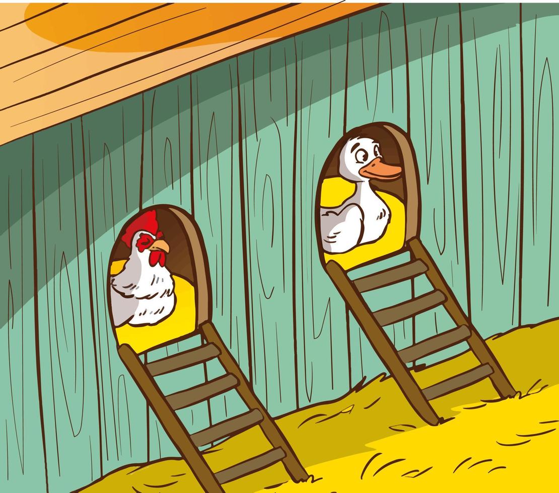 chicken and duck vector illustration in the henhouse