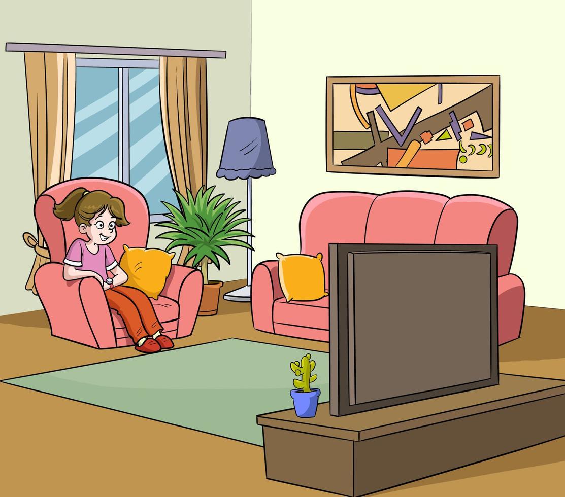Chica Viendo La Televisi n En La Ilustraci n De Vector De Sala De Estar chica-viendo-la-televisi-n-en-la-ilustraci-n-de-vector-de-sala-de-estar