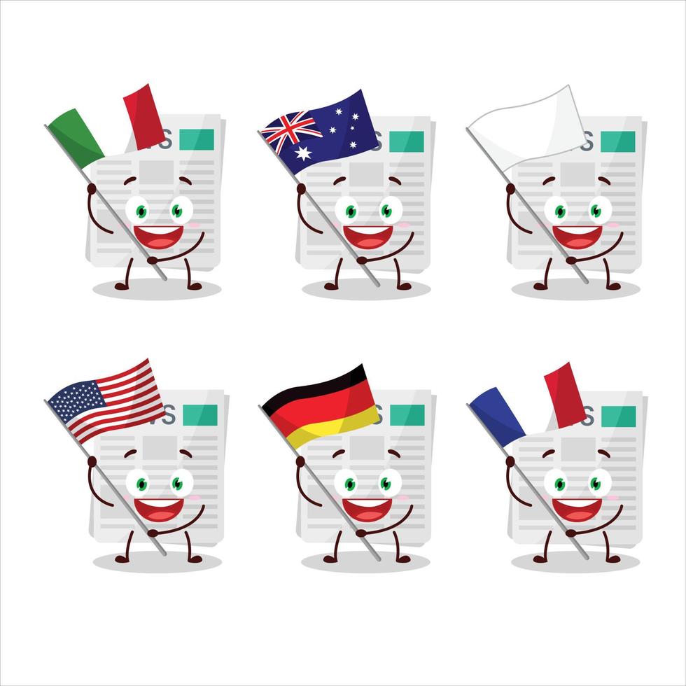 periódico dibujos animados personaje traer el banderas de varios países vector