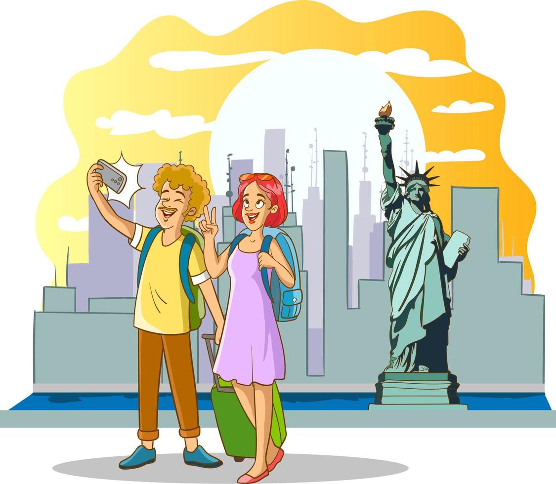 Vector illustration of tourist couple taking a selfie at america.statue of Liberty.