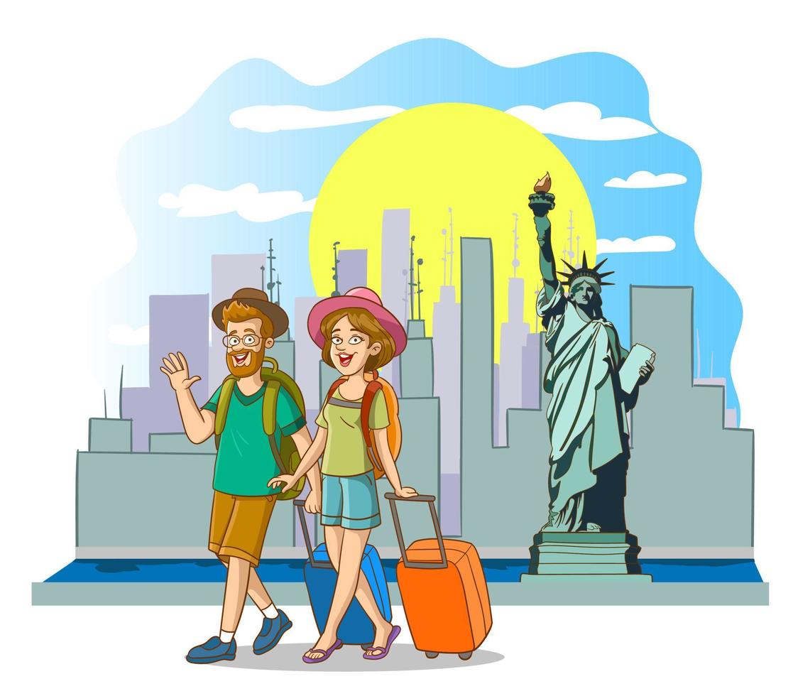 Vector illustration of tourist couple taking a selfie at america.statue of Liberty.