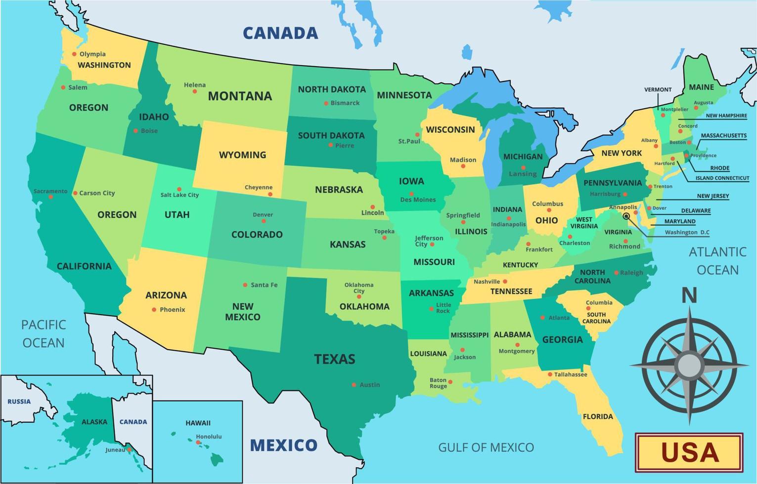 mapa de Estados Unidos con estado nombres vector