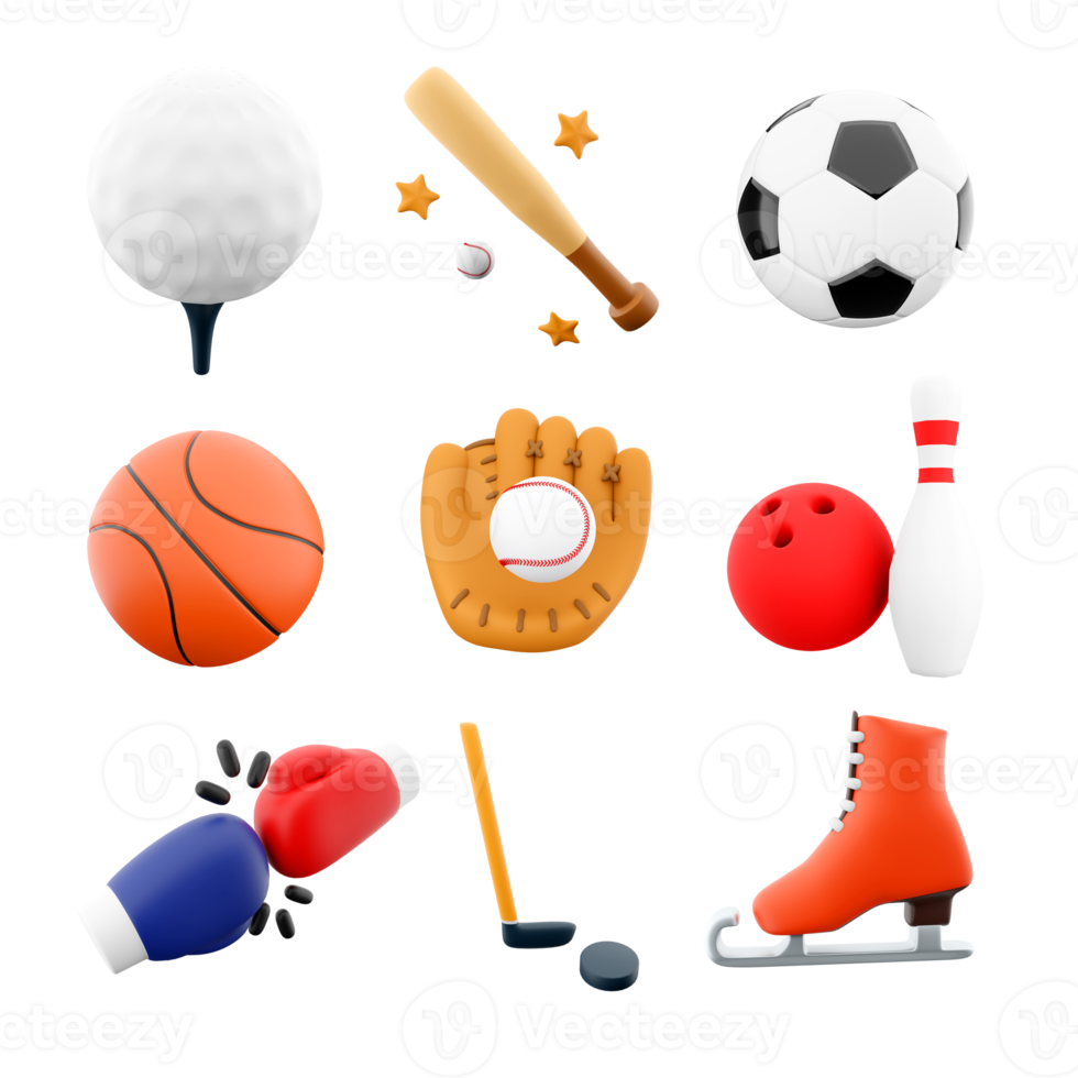 3d rendering golf, baseball bat, football, basketball, glove, bowling and skittles, boxing, hockey, ice skate icon set. 3d render sport conception icon set. png