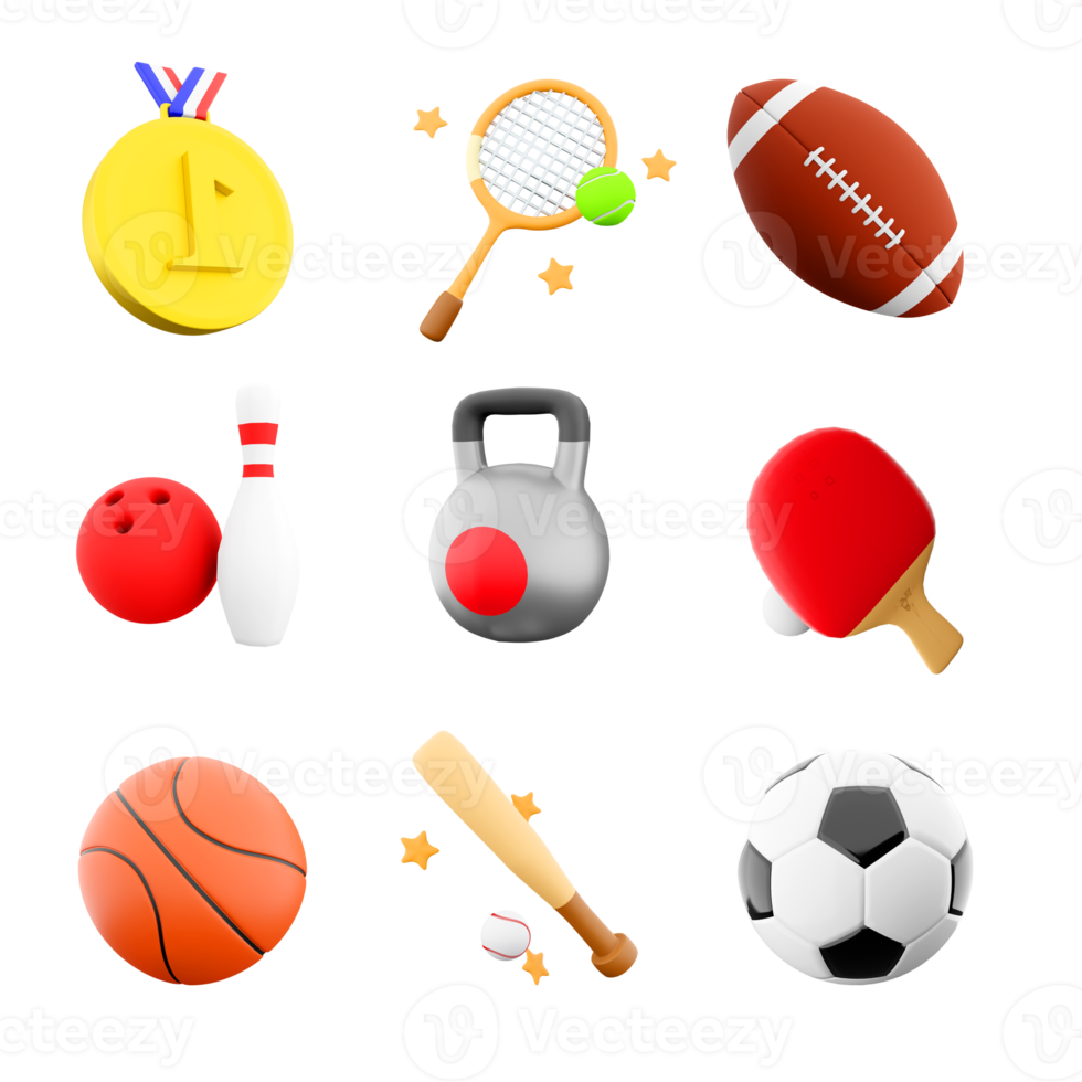 3d rendering gold medal, tennis racket, rugby, baseball bat, table, basketball, football, sports kettlebell, bowling and skittles icon set. 3d render sport conception icon set. png