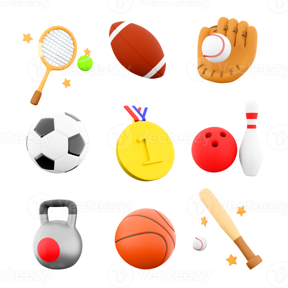 3d rendering gold medal, tennis racket, rugby, baseball bat and glove, basketball, football, sports kettlebell, bowling and skittles icon set. 3d render sport conception icon set. png