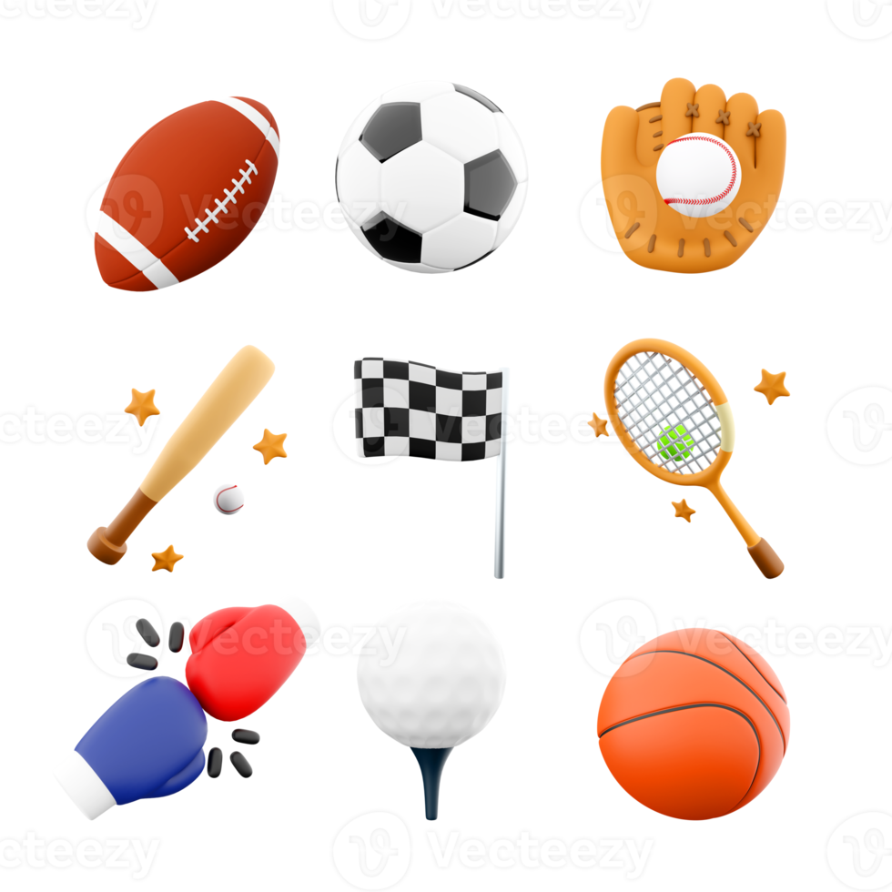 3d rendering rugby, football, baseball bat and glove, racing flag, tennis racket, racing flag, boxing, golf, basketball icon set. 3d render sport conception icon set. png