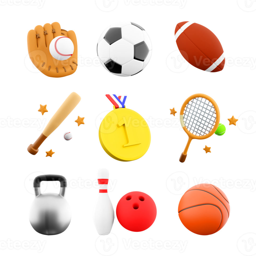 3d rendering gold medal, football, rugby, baseball bat and glove, tennis racket, sports kettlebell, basketball, bowling and skittles icon set. 3d render sport conception icon set. png