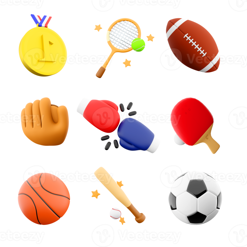 3d rendering gold medal, tennis racket, rugby, baseball bat and glove, boxing, table, basketball, football icon set. 3d render sport conception icon set. png