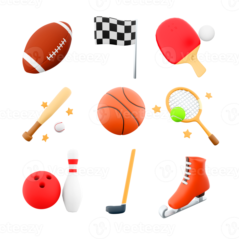 3d rendering rugby, racing flag, table tennis, baseball bat, basketball, tennis racket and ball, bowling and skittles, hockey, ice skate icon set. 3d render sport conception icon set. png