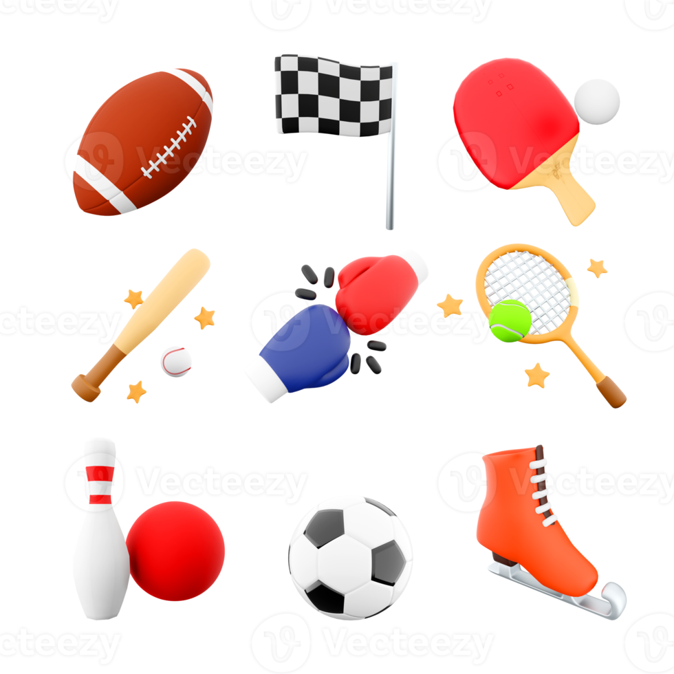 3d rendering rugby, football, racing flag, table tennis, baseball bat, boxing, tennis racket, bowling and skittles, football, ice skate icon set. 3d render sport conception icon set. png