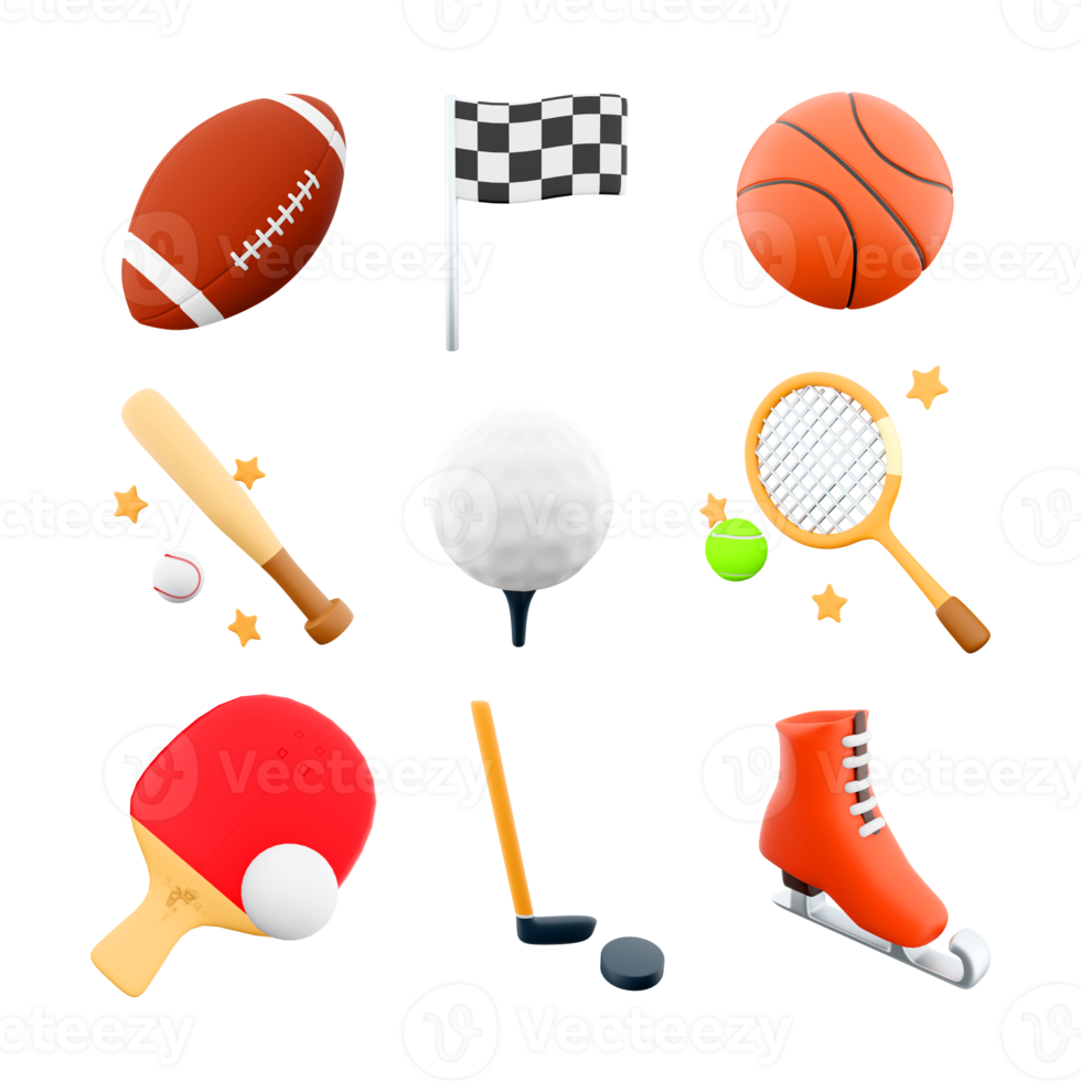 3d rendering rugby, race flag, basketball, baseball, bat, golf, tennis, racket, table tennis, hockey, ice skate icon set. 3d render sport conception icon set. png