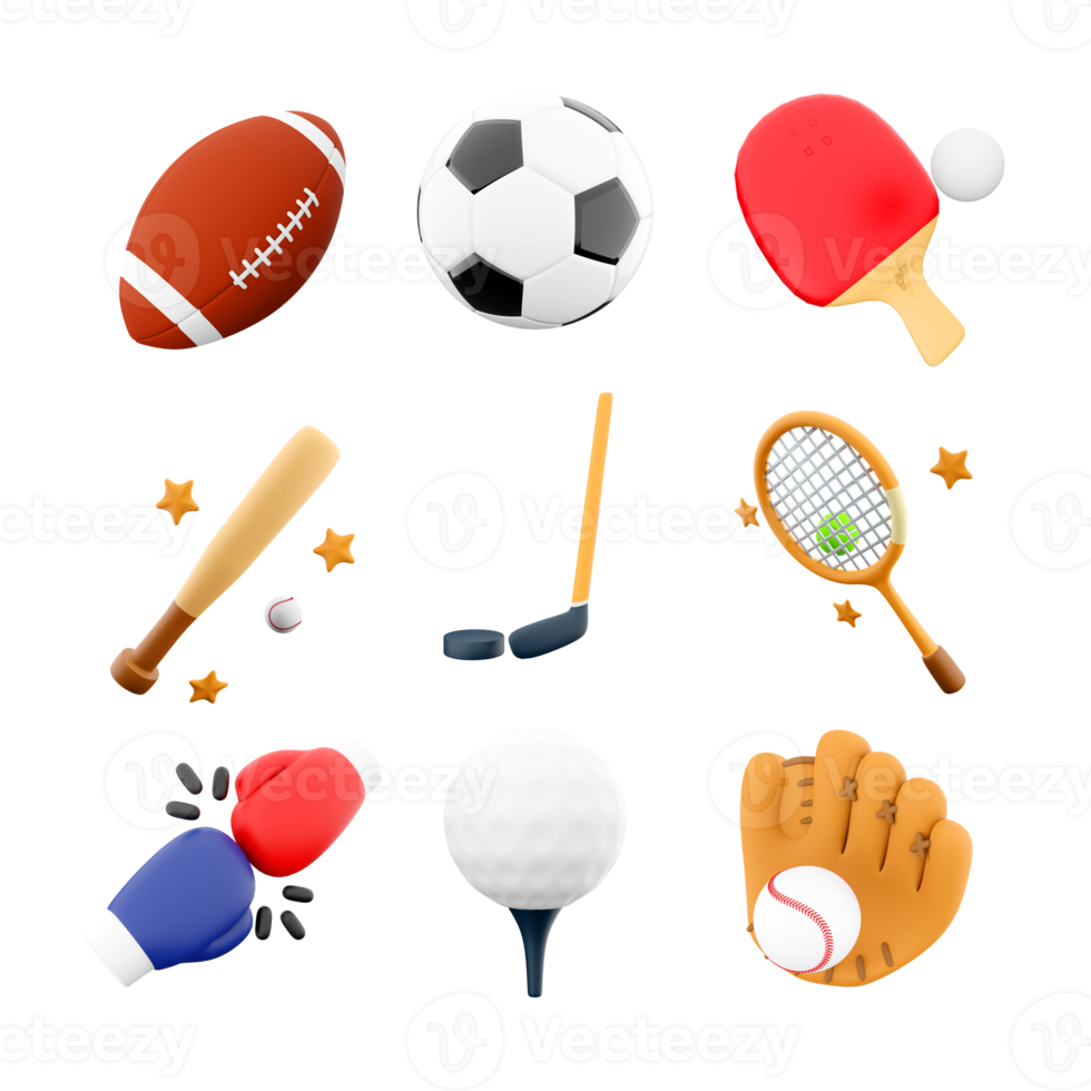 3d rendering rugby, football, table tennis, tennis racket, baseball bat and glove, hockey, boxing, golf icon set. 3d render sport conception icon set. png