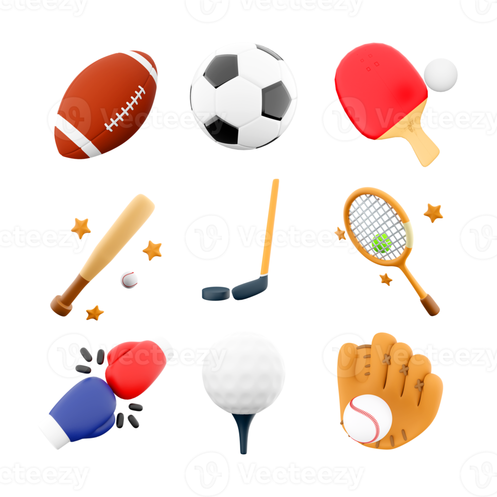 3d le rendu le rugby, football, table tennis, tennis raquette, base-ball chauve souris et gant, le hockey, boxe, le golf icône ensemble. 3d rendre sport conception icône ensemble. png