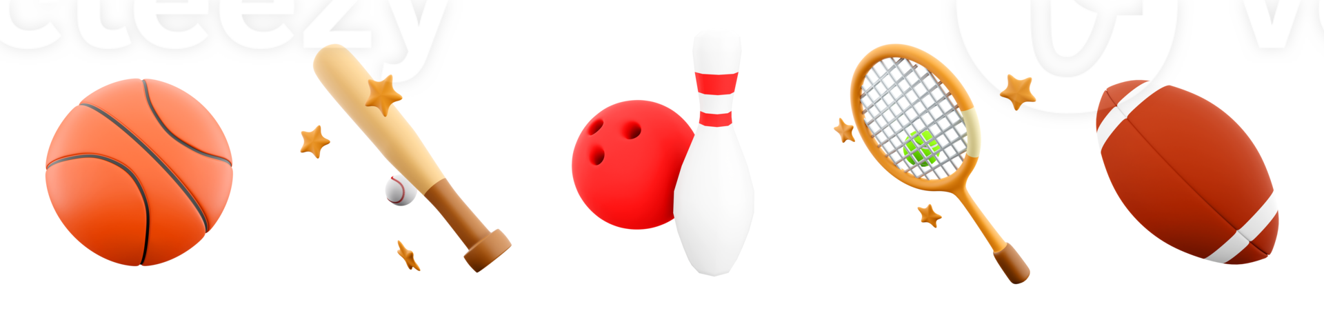 3d rendering baseball bat, tennis racket and ball, basketball, bowling ball and skittles, rugby icon set. 3d render sport conception icon set. png