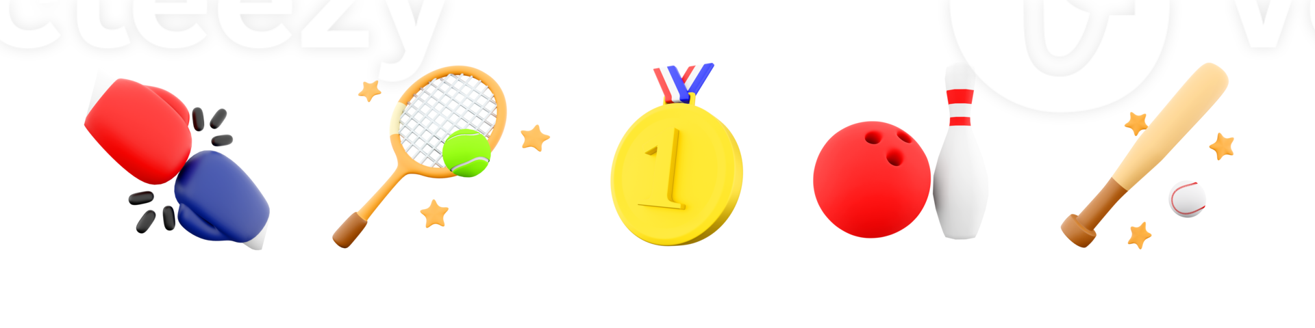 3d rendering baseball bat, tennis racket and ball, gold medal for first place, bowling ball and skittles, boxing gloves icon set. 3d render sport conception icon set. png