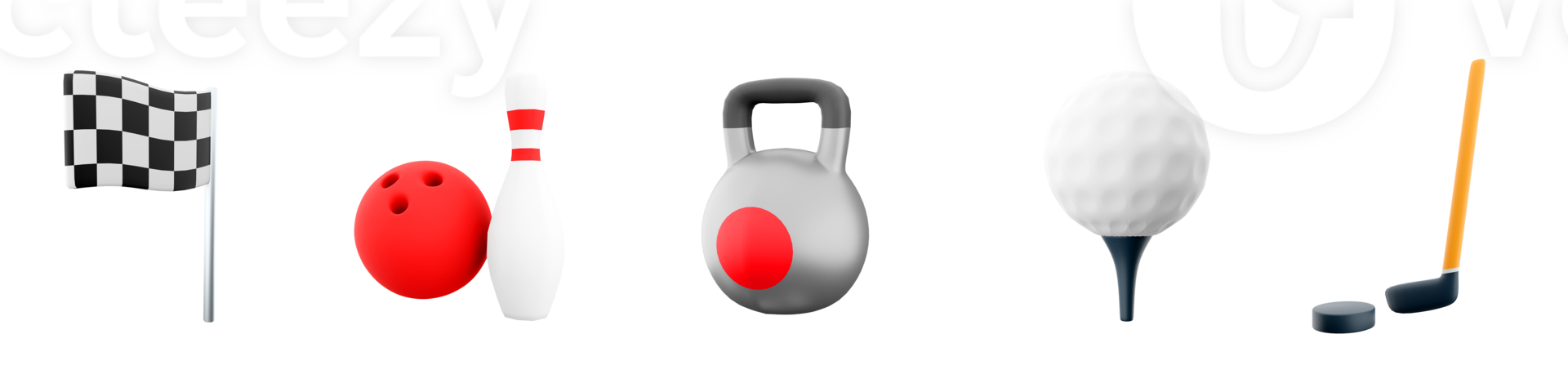 3d interpretazione bowling palla e birilli, da corsa bandiera, gli sport kettlebell, golf, hockey bastone e disco icona impostare. 3d rendere sport concezione icona impostare. png