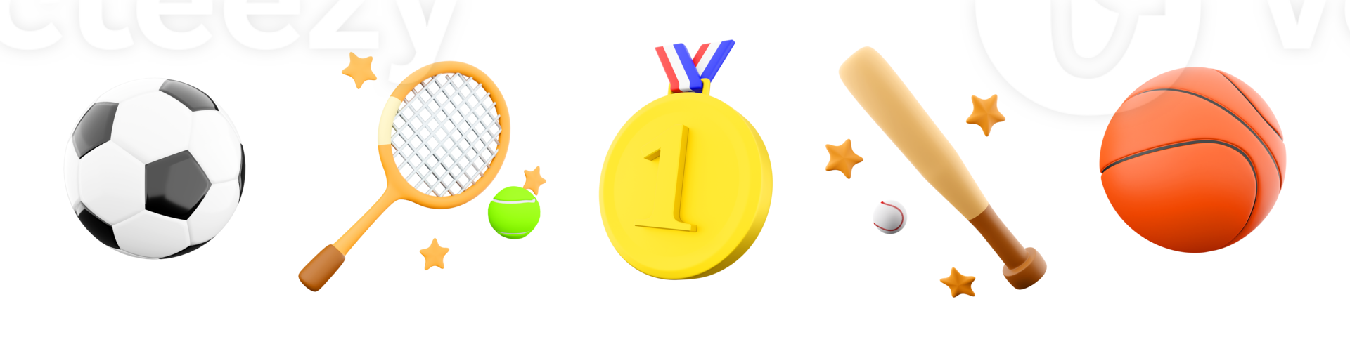 3d le rendu base-ball chauve souris, tennis raquette et balle, basket-ball, or médaille pour premier lieu, Football icône ensemble. 3d rendre sport conception icône ensemble. png