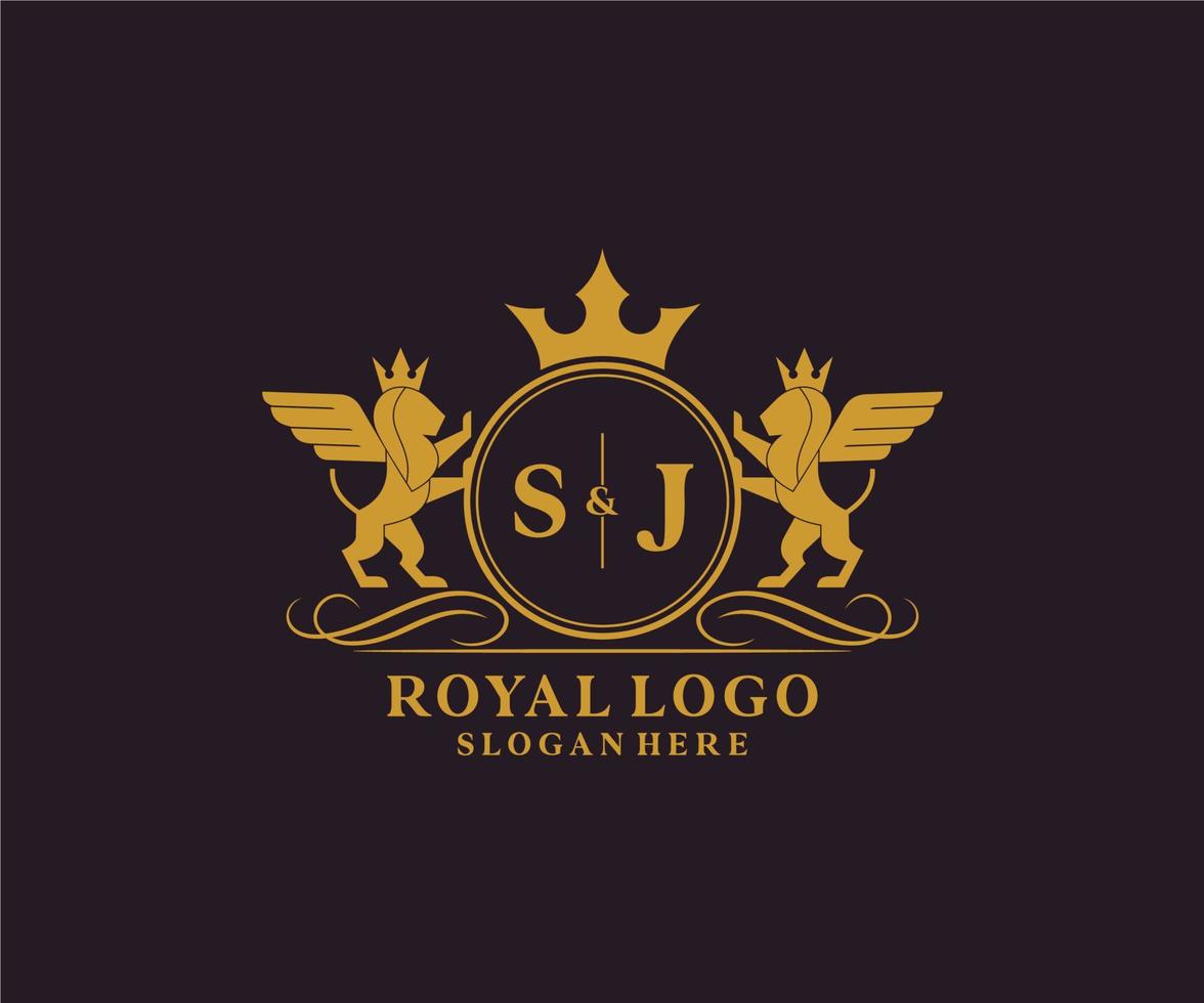 Initial SJ Letter Lion Royal Luxury Heraldic,Crest Logo template in vector art for Restaurant, Royalty, Boutique, Cafe, Hotel, Heraldic, Jewelry, Fashion and other vector illustration.