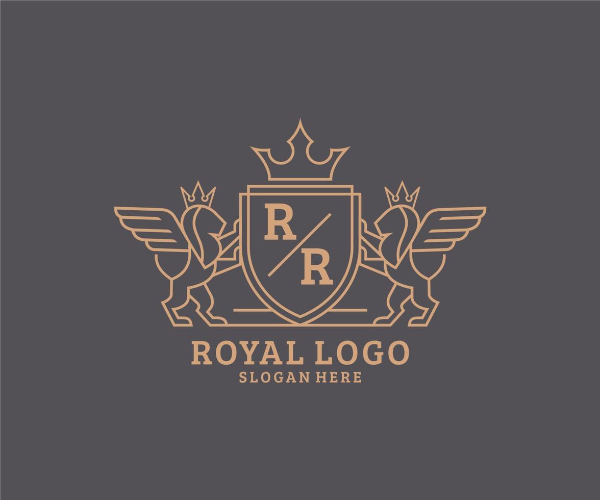 Initial RR Letter Lion Royal Luxury Heraldic,Crest Logo template in vector art for Restaurant, Royalty, Boutique, Cafe, Hotel, Heraldic, Jewelry, Fashion and other vector illustration.