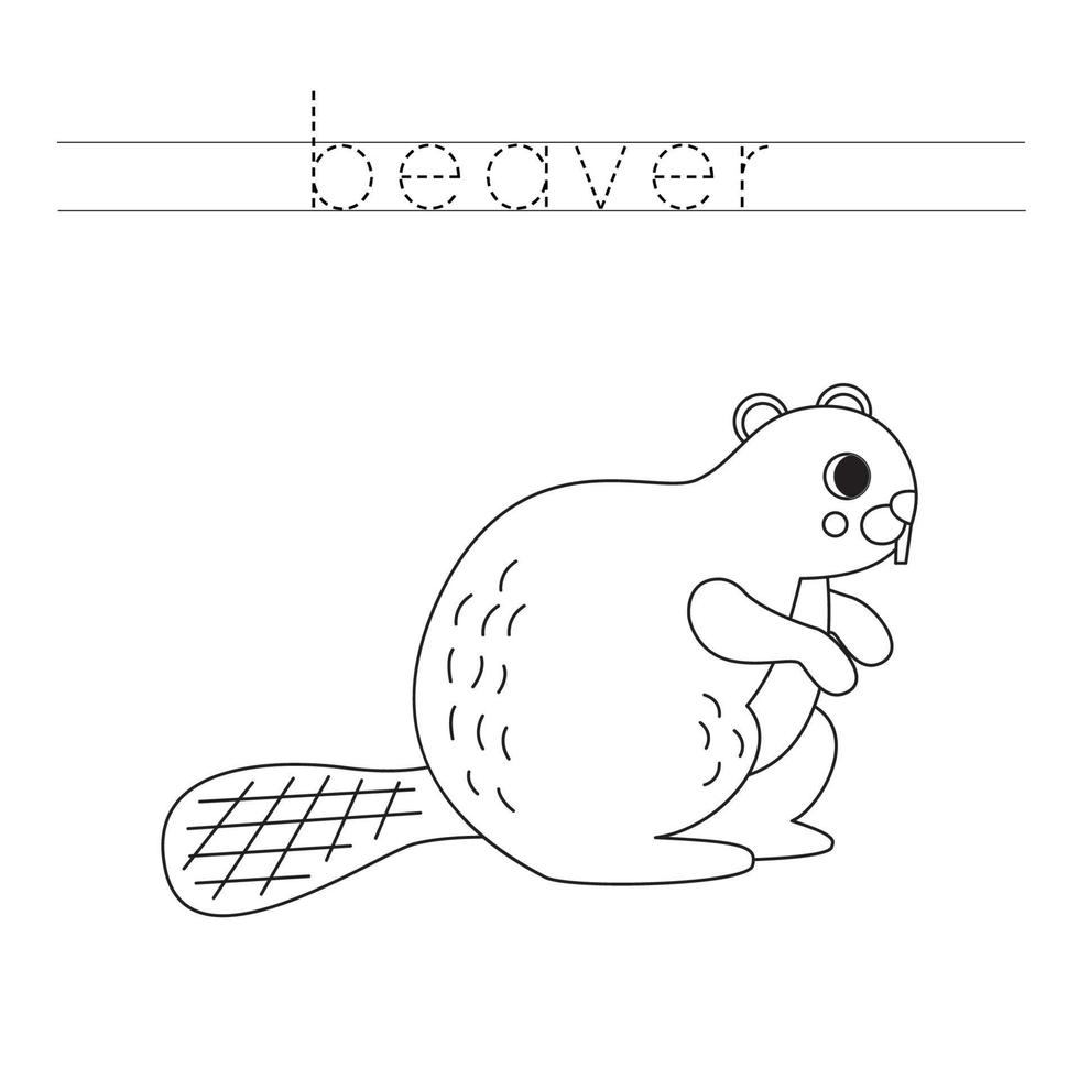 Trace the letters and color cartoon beaver. Handwriting practice for kids. vector