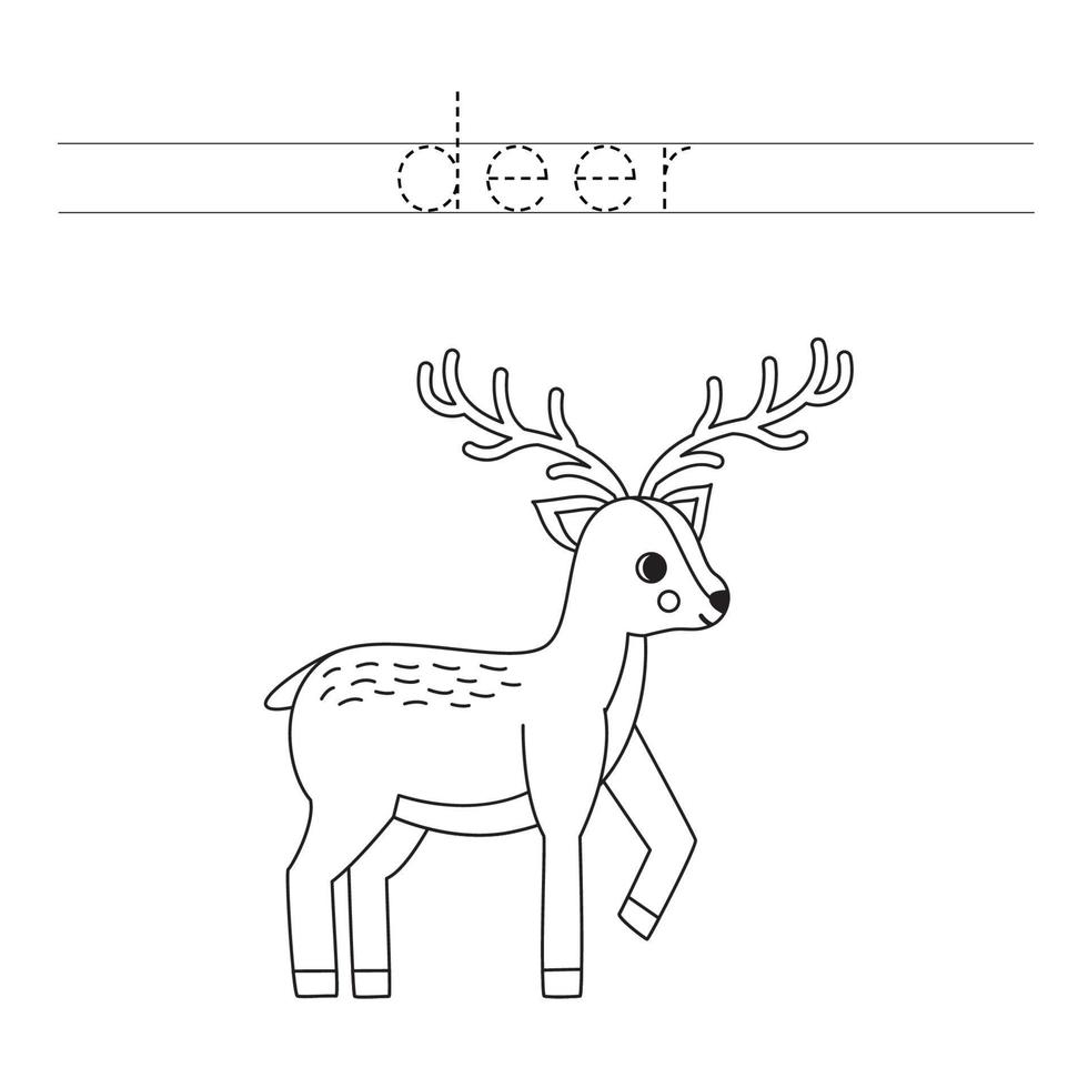 Trace the letters and color cartoon deer. Handwriting practice for kids. vector