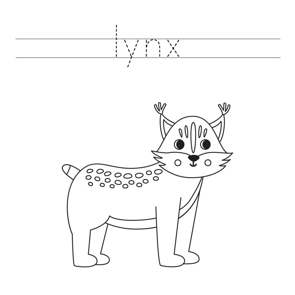 Trace the letters and color cartoon lynx. Handwriting practice for kids. vector