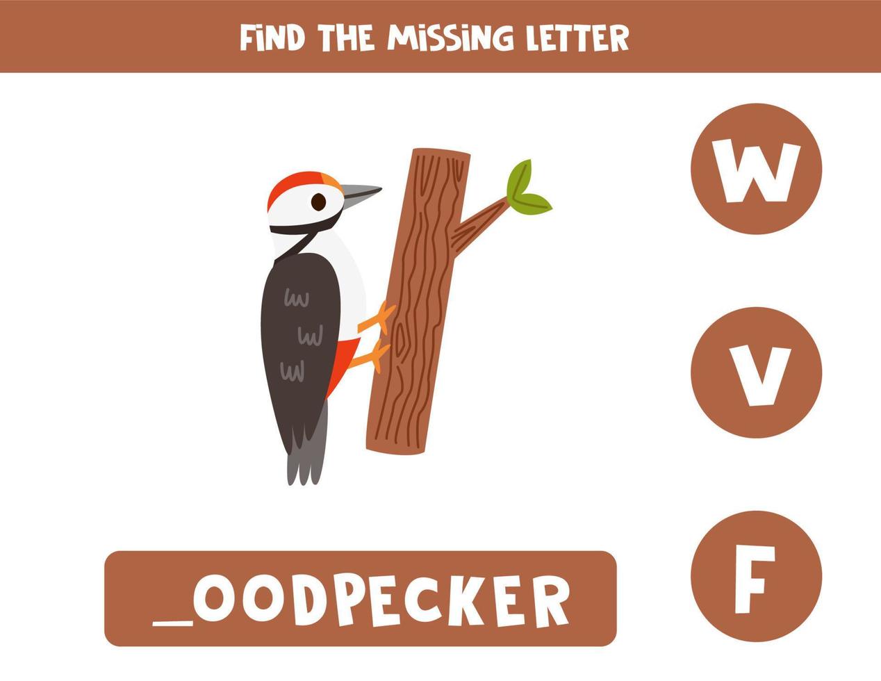 Find missing letter with cartoon woodpecker. Spelling worksheet. vector