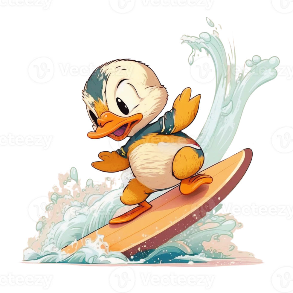 Cute Duck Surfing With Surfboard Cartoon Icon Illustration, Flat Cartoon Style, PNG Transparent.