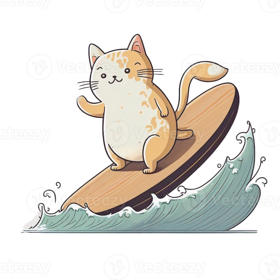 Cute Cat Surfing With Surfboard Cartoon Icon Illustration, Flat Cartoon Style, PNG Transparent.