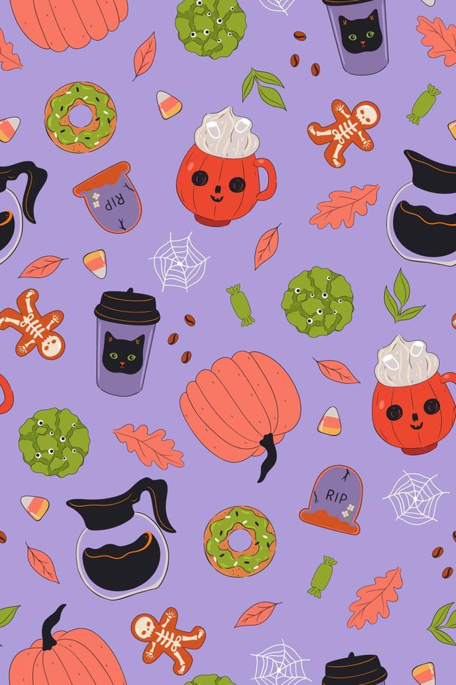 Seamless pattern with coffee and sweets in Halloween style. Vector graphics.