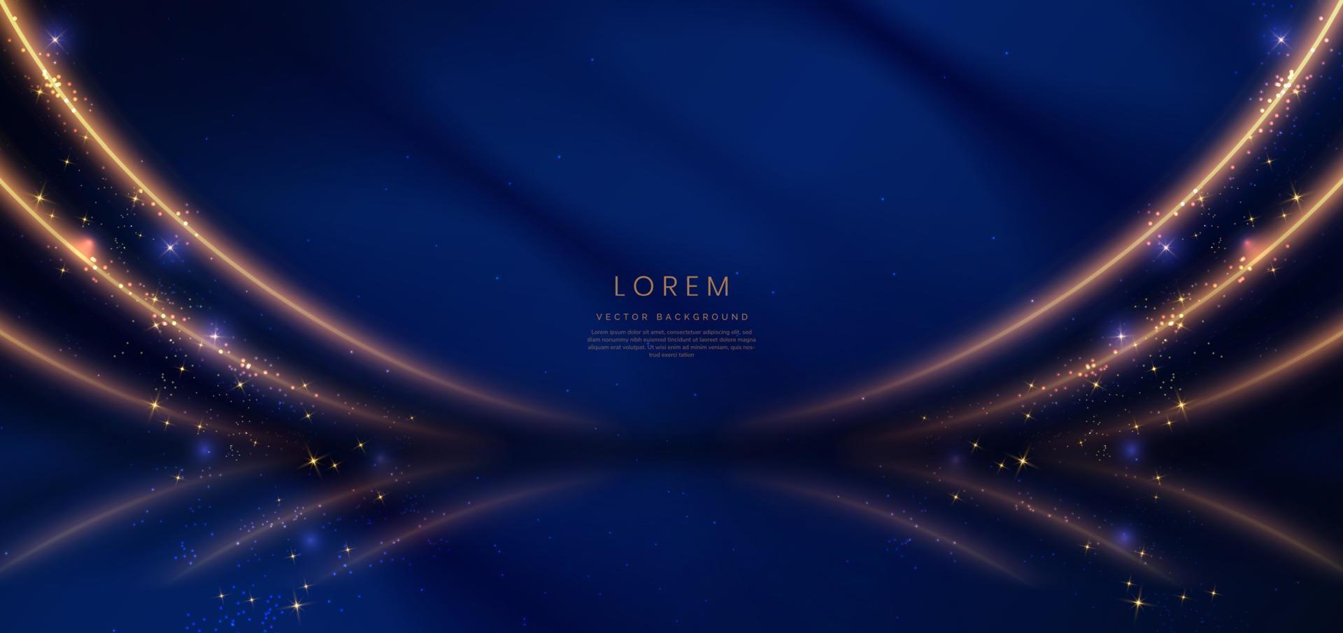 Abstract glowing gold curved lines on dark blue background with lighting effect and sparkle with copy space for text. Luxury design style. vector
