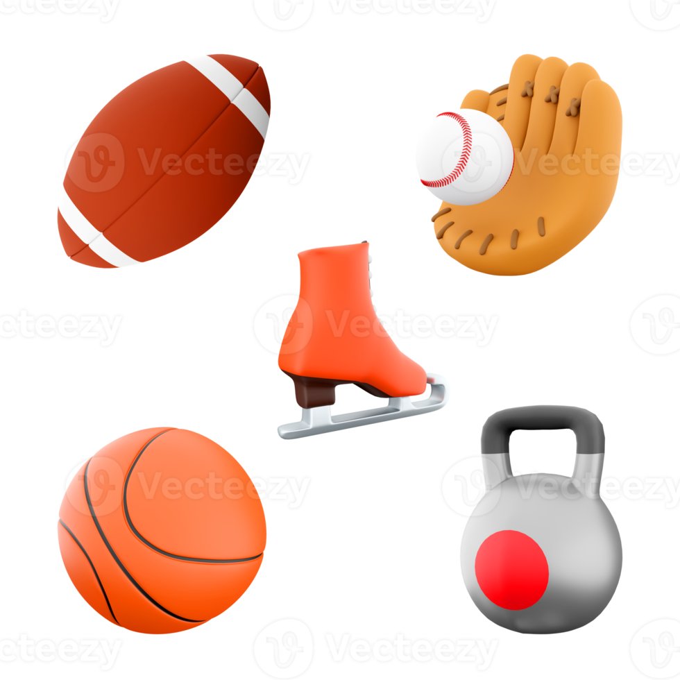 3d rendering rugby ball, kettlebell, baseball glove, basketball, ice skate icon set. 3d render sport conception icon set. png