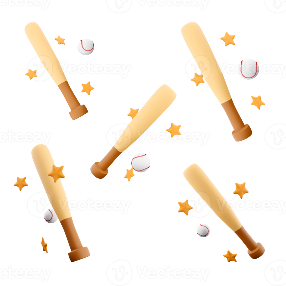 3d rendering baseball bat and ball icon set. 3d render team sports game with baseball and bat different positions icon set. png