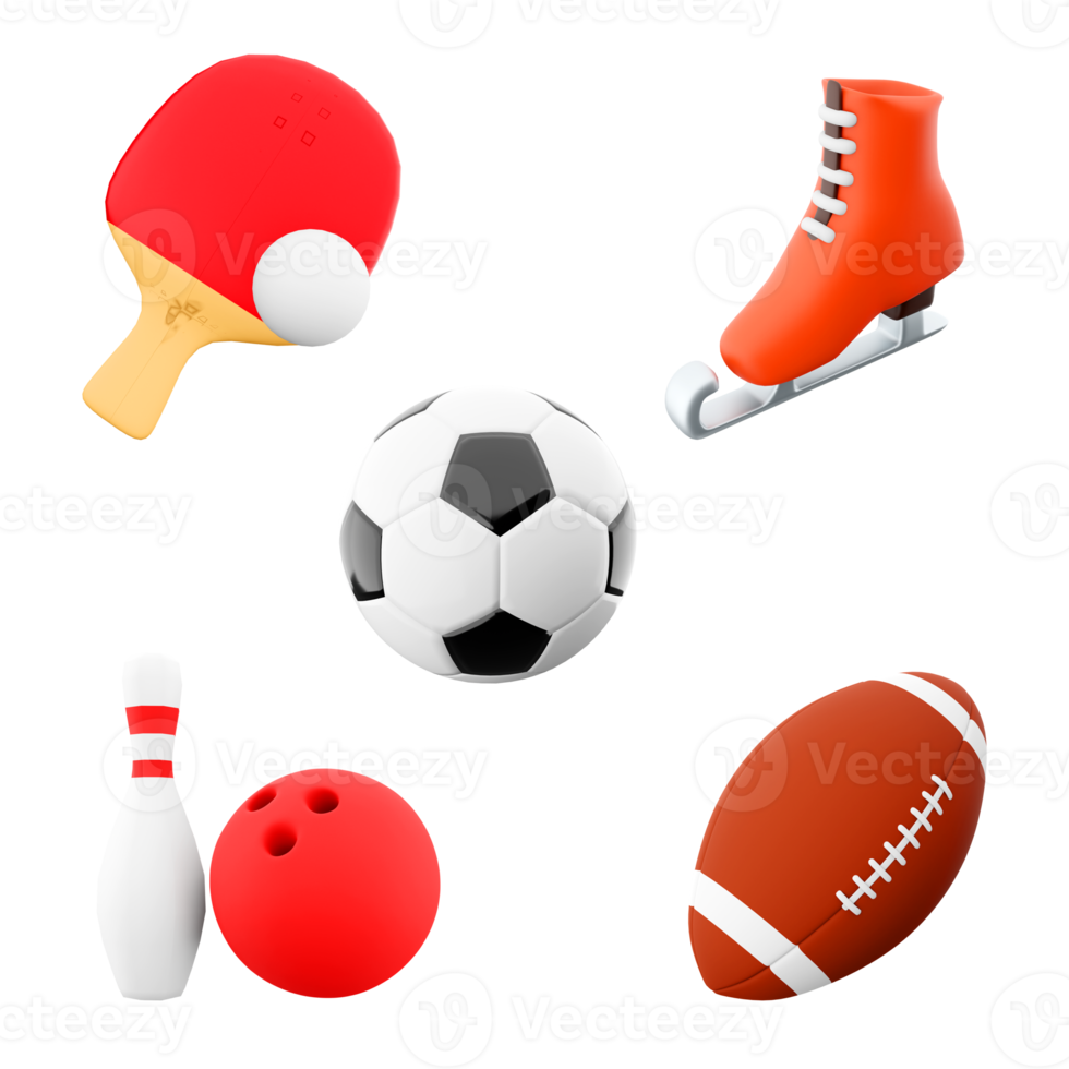 3d rendering table tennis, football, ice skates, bowling and skittles, rugby icon set. 3d render sport conception icon set. png