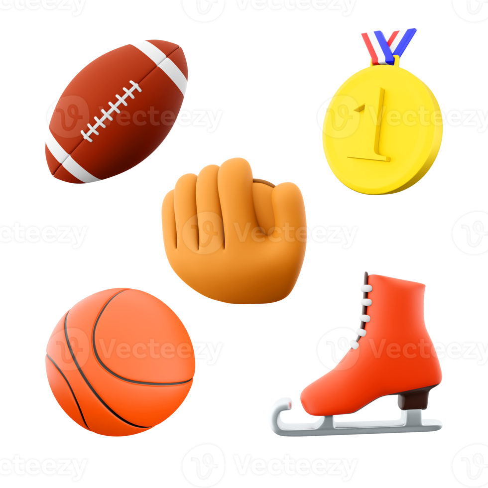 3d Renderização rúgbi bola, ouro medalha, beisebol luva, basquetebol, gelo patim ícone definir. 3d render esporte concepção ícone definir. png