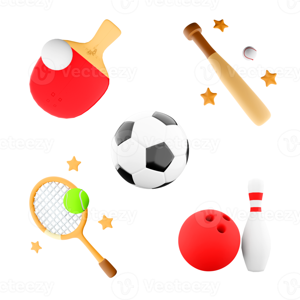 3d renderng table tennis, tennis racket, football, baseball bat, bowling and skittles icon set. 3d render sport conception icon set. png
