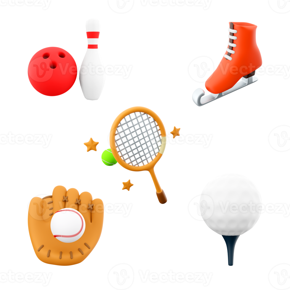 3d representación bolos pelota y juego de bolos, hielo patinar, tenis raqueta, béisbol guante, golf icono colocar. 3d hacer deporte concepción icono colocar. png