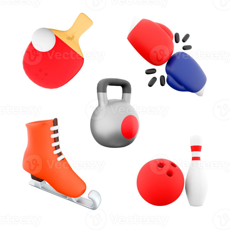 3d representación mesa tenis, boxeo guantes rojo y azul colores, pesas rusas, hielo patinar, bolos y juego de bolos icono colocar. 3d hacer deporte concepción icono colocar. png