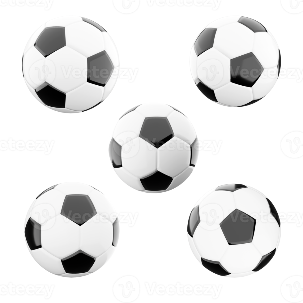 3d Rendern schwarz und Weiß klassisch Fußball Ball Symbol Satz. 3d machen Spieler Versuchen zu trete das Ball in das des Gegners Tor mit Tritte anders Positionen Symbol Satz. png